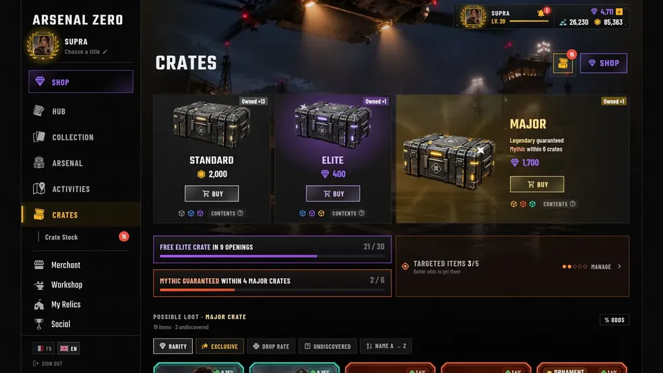 Arsenal Zero crate screen: Standard Crate, Elite Crate and Major Crate
