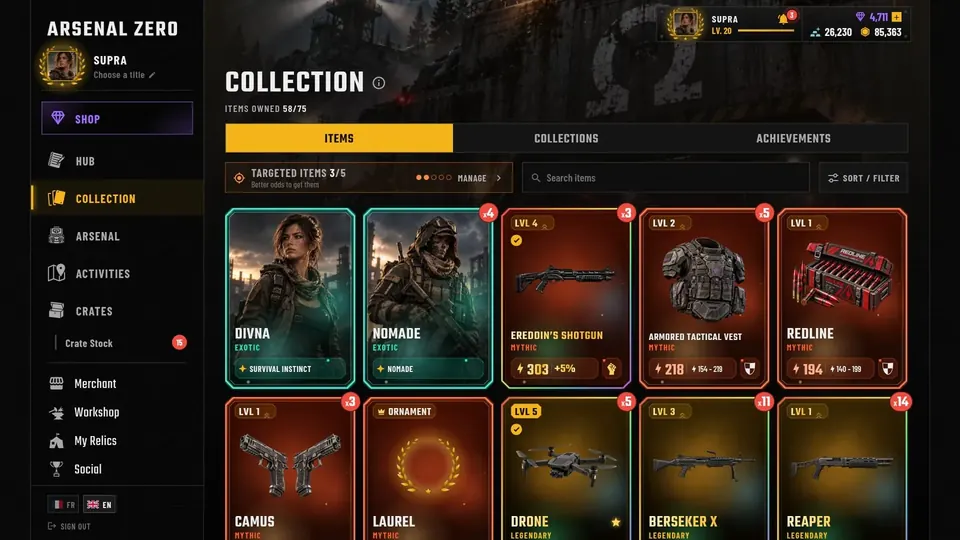 Arsenal Zero collection screen: Exotic, Mythic and Legendary cards with their power