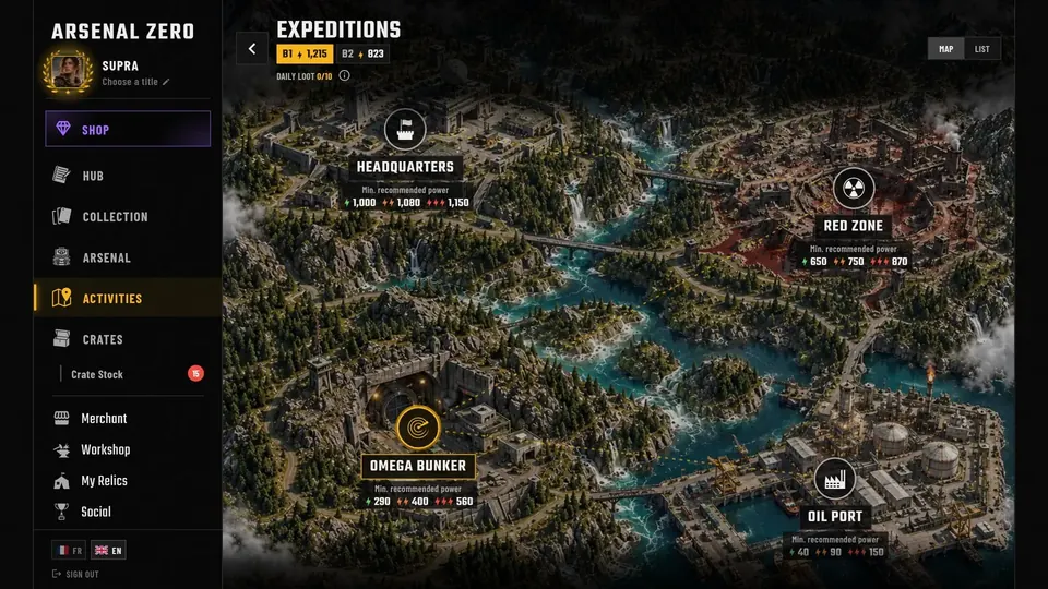 Arsenal Zero expedition map: Oil Port, Omega Bunker, Red Zone, Headquarters