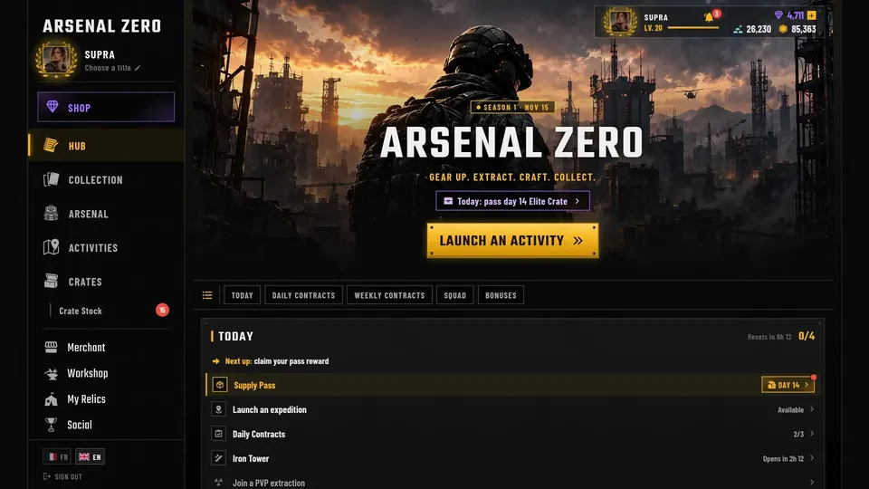 The Arsenal Zero Today panel with the day’s tasks