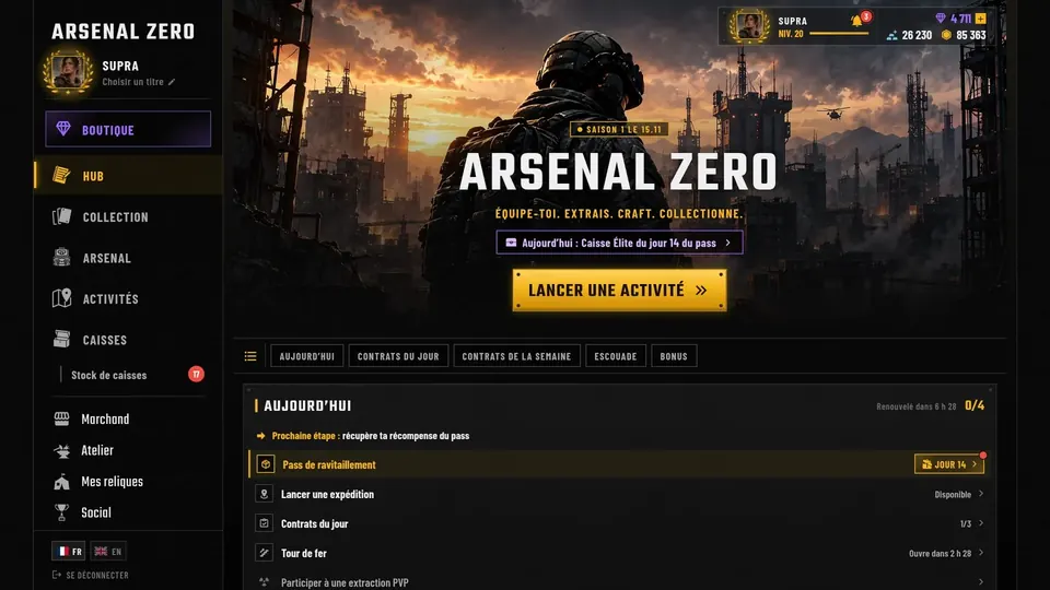 Écran d’accueil d’Arsenal Zero : la journée du joueur, ses contrats et l’activité à lancer